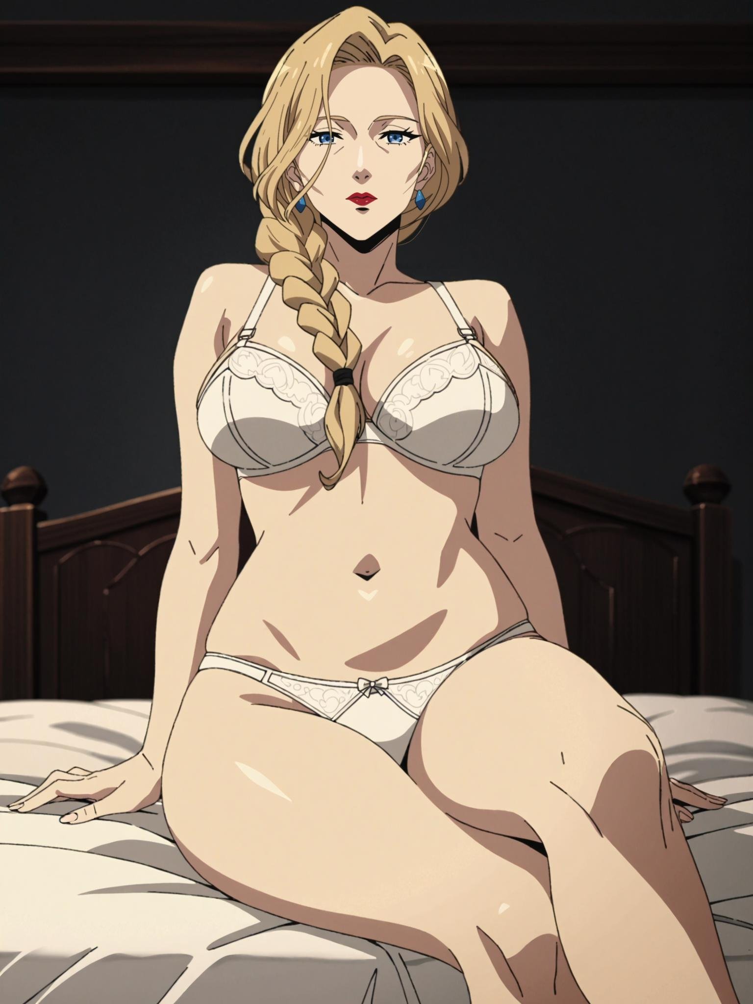 score_9, score_8_up, score_7_up, score_6_up, score_5_up, score_4_up, rating_safe,BREAK1girl, blonde hair, single braid, long braid, blue eyes, red lips, milf, mature,BREAKsolo, sitting, from below, crossed legs, large breasts, white panties, white bra, skinny, lingerie, navel,BREAKblack background, dark, indoors, on bed, dynamic pose, dynamic angle, angled shot, screencap, <lora:Lunas-Mushoku-Tensei-SDXL-A4:1>