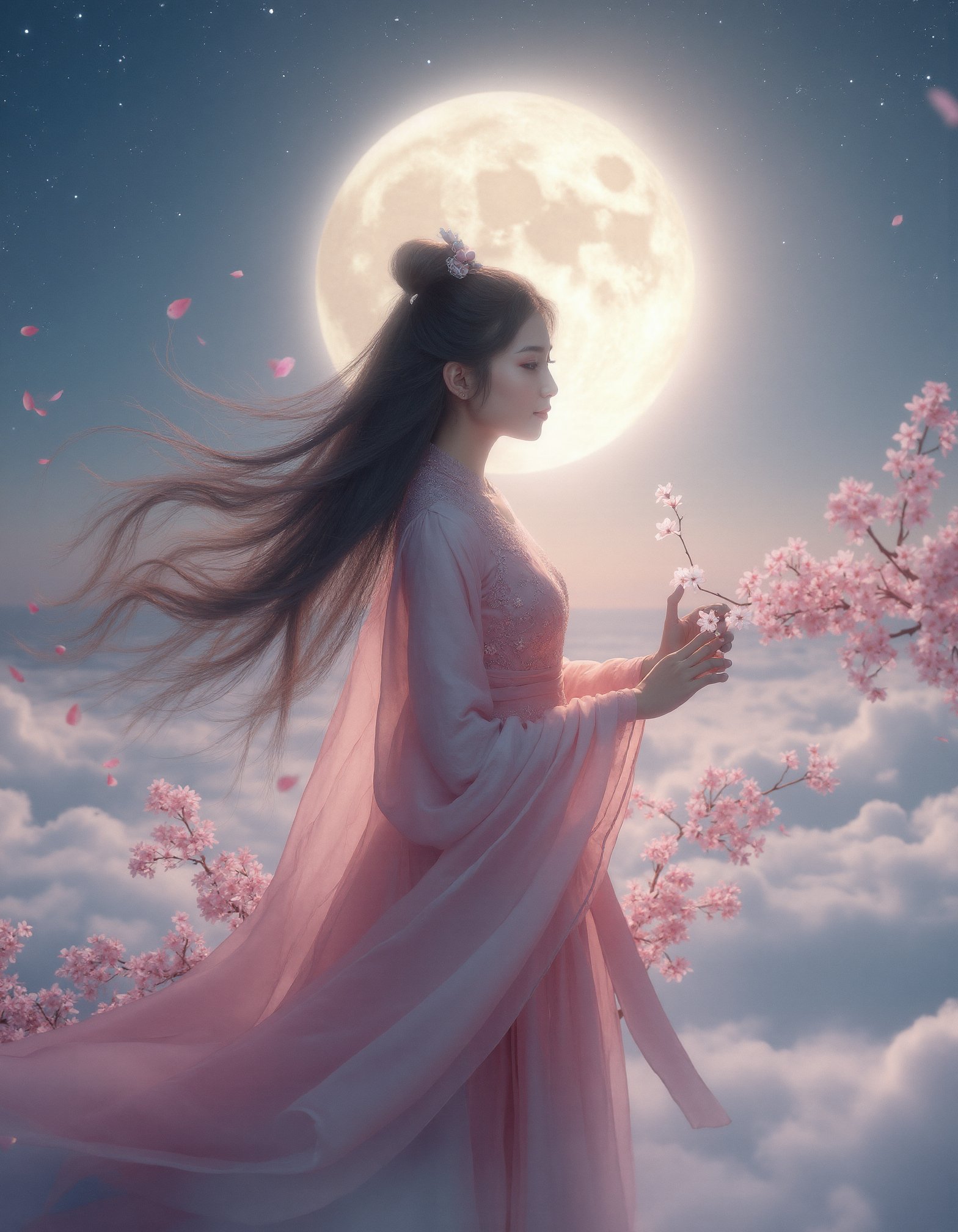 A hyper-realistic image of a beautiful young Chinese girl,dressed in an exquisitely detailed Hanfu,standing gracefully on a floating island in a dreamy,surreal landscape. The island is suspended in a vast,starry sky,surrounded by soft,fluffy clouds and ethereal light. Her Hanfu is made of flowing silk with intricate patterns,billowing gently in the celestial breeze. She stands near the edge of the island,overlooking a cascade of sparkling waterfalls that seem to pour into the sky. Delicate cherry blossom petals float around her,adding a touch of elegance and serenity to the scene. The moonlight casts a gentle glow on her serene face,highlighting her (Charming Face:1.2) and embodying a sense of peace and grace. Her long,dark hair flows freely,blending with the misty atmosphere. The overall atmosphere is magical and otherworldly,with a perfect balance of light and shadow creating a mesmerizing,almost dream-like effect. The scene captures the intricate details of her Hanfu,the delicate flora of the island,and the stunning celestial backdrop,resulting in a lifelike,almost indistinguishable-from-reality image that conveys timeless beauty and ethereal grace.,colorful,sexy,swimming,cure beauty,super elegant,(Charming Face:1.4),dynamic_angle,