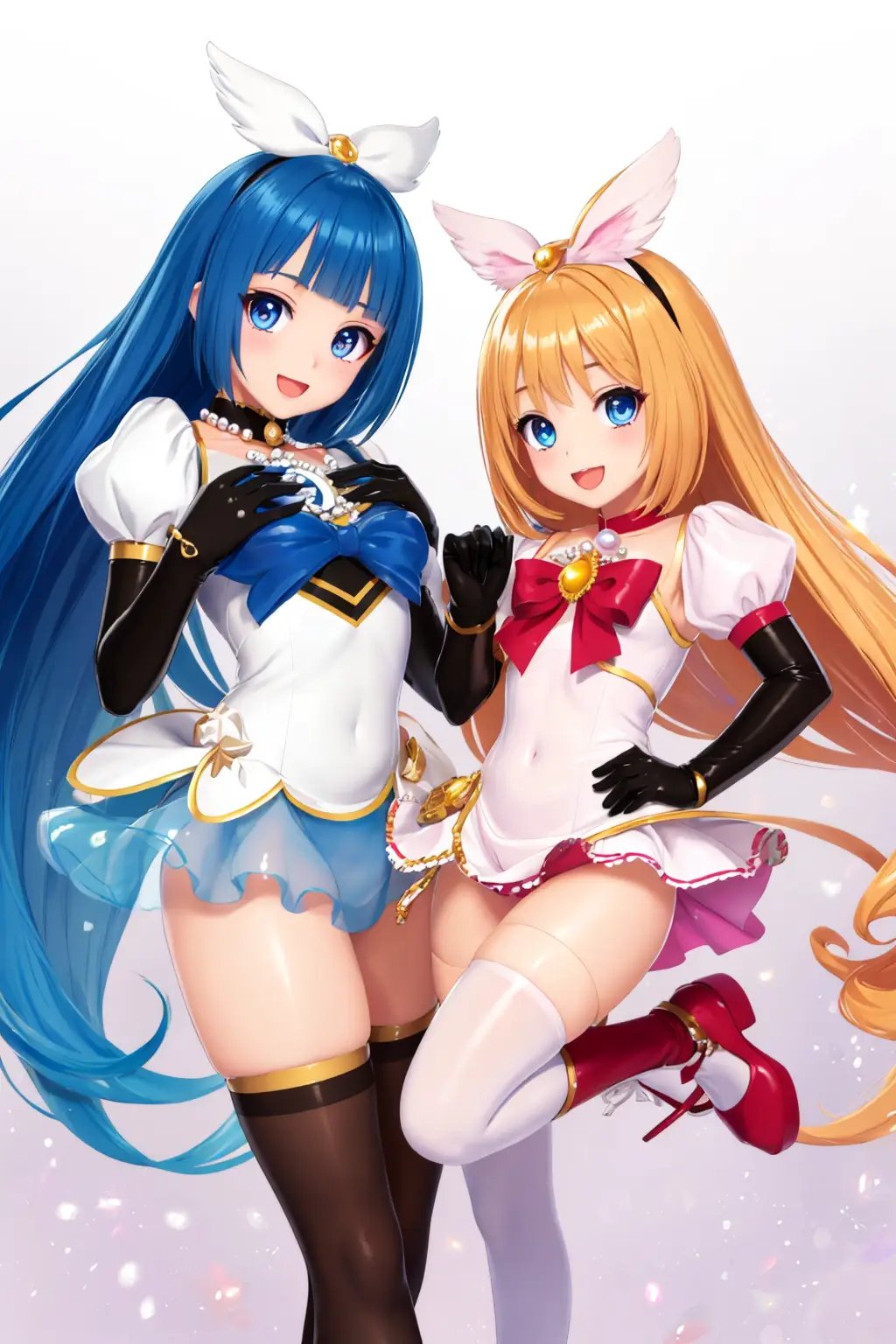 masterpiece, fullbody, standing, official artwork for ad, wide angle, nsfw, (2girls:1.3), colorful hair, colorful clothes, dynamic poses, wide angle, (magical girl:1.1), fullbody portrait, thighhighs, gloves, dynamic camera, (see-through [fusion iridescent pearl dress:transparent swimsuits:0.4]:1.1), (narrow waist:1.1), (child:1.2), light smile, open mouth, (Shiny skin), fantasy effect, large eyes big, cute beautiful eyes detailed heart pupils cute, circle white pupil anime cute,  subtle ambient glow, global illumination,