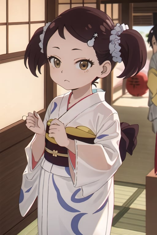 best quality, masterpiece, highres, solo, {yukata:1.40}, {kimono:1.20}, {becky_blackbell_spyxfamily:1.15}, hair_ornament, female_child, twintails, scrunchie, black_hair, brown_eyes, child, short_twintails, hair_scrunchie, brown_hair, hairclip