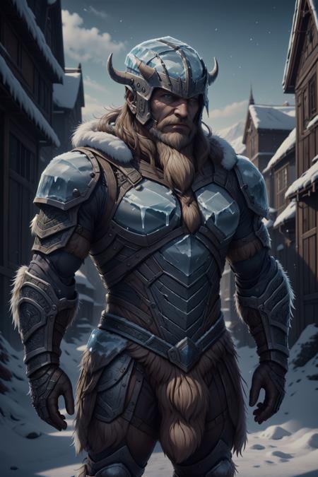 masterpiece, best quality, expressive eyes, absurdres, <lora:VikingWorld:1> vikingworld, 1man, carved ice armour, long beard, long hair, fur cape, helmet,