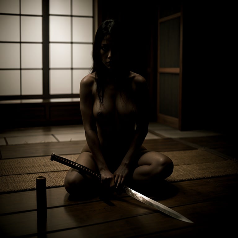 Horror-themed,  <lora:samurai style SD1.5:1.2>an epic cinematic photo of a naked breasts woman sitting on a floor holding a knife wakizashi sword female samurai style, Eerie, unsettling, dark, spooky, suspenseful, grim, highly detailed