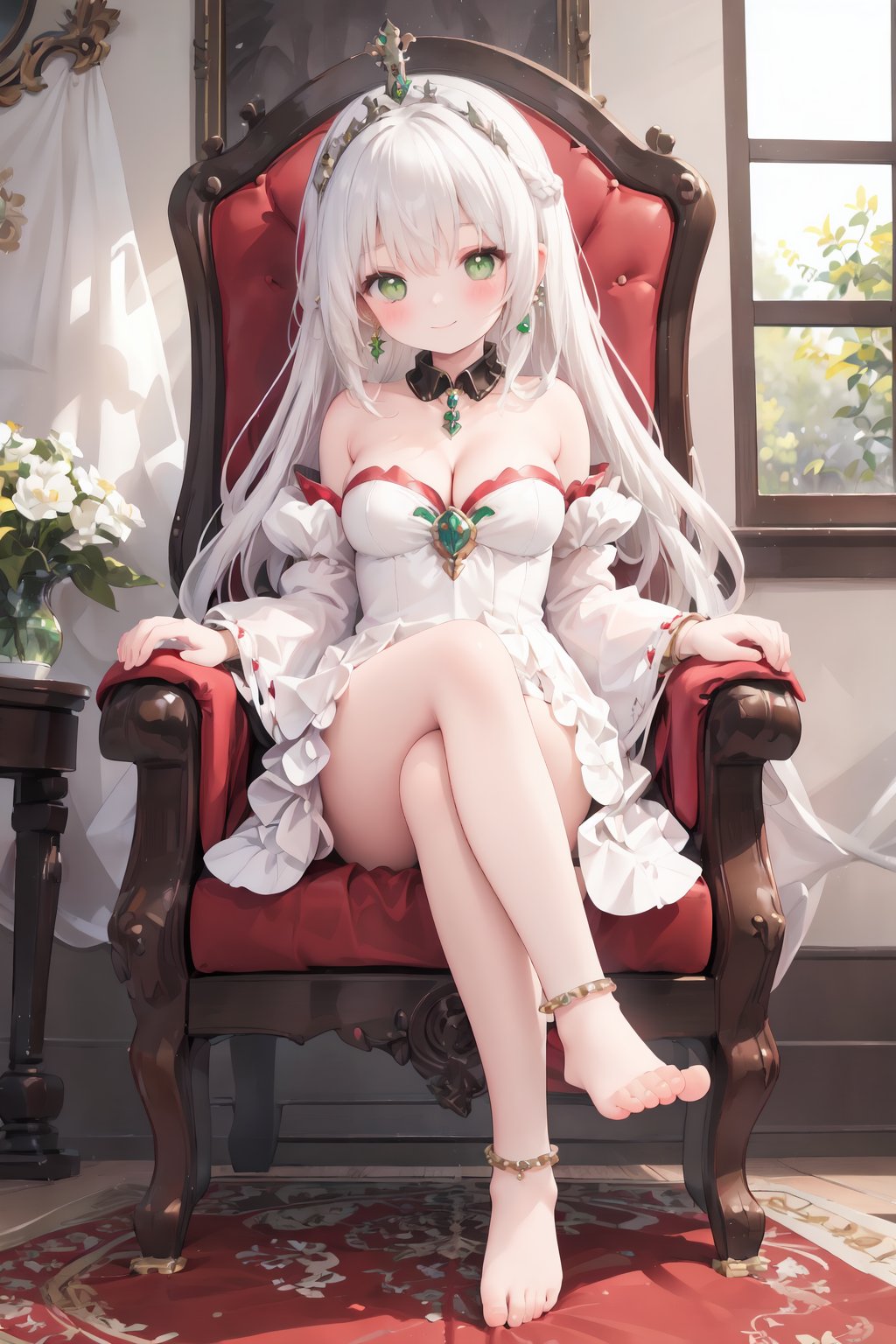 1girl,long hair,solo,sitting,green eyes,breasts,barefoot,dress,jewelry,white dress,white hair,feet,looking at viewer,toes,smile,detached sleeves,very long hair,cleavage,bare shoulders,crossed legs,tiara,anklet,bangs,full body,bare legs,legs,closed mouth,medium breasts,fur trim,window,throne,chair,blush,indoors,strapless,strapless dress,earrings,holding,puffy sleeves,reflection,crown,detached collar,gem,soles,