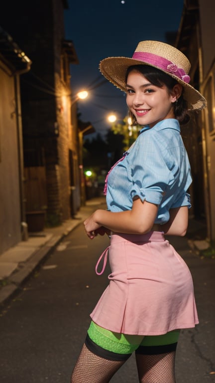 (Extremely Detailed gorgeous, smiling photo of a 20-year-old girl dressed in a magenta unbuttoned shirt, a short skirt, black fishnet stockings, woven slides and a straw fedora hat. She poses in a nighttime back alley, the clothes accentuate her figure.