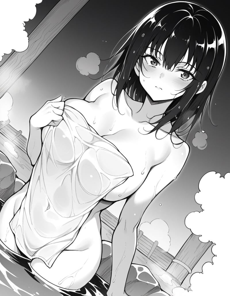 score_9, score_8_up, score_7_up, source_anime,tsubakirurikawa, <lora:tsubaki-rurikawa-manga-ponyxl-lora-nochekaiser:1>,tsubaki rurikawa, bangs, large breasts, monochrome, greyscale,nude, naked, outdoors, onsen, towel, naked towel, steam, bathing, nude cover, partially submerged, water, bath, steam censor, wet towel, blush,looking at viewer, solo, cowboy shot, dutch angle,