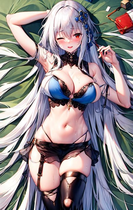 1girl, armpits, bangs, breasts, cleavage, eyebrows_visible_through_hair, eyewear_on_head, hair_between_eyes, hair_ornament, large_breasts, long_hair, looking_at_viewer, navel, official_alternate_costume, on_back, one_eye_closed, parted_lips, polka_dot, red_eyes, see-through, silver_hair, skadi_\(arknights\), solo, sunglasses, wet<lora:style_MeloN:1>