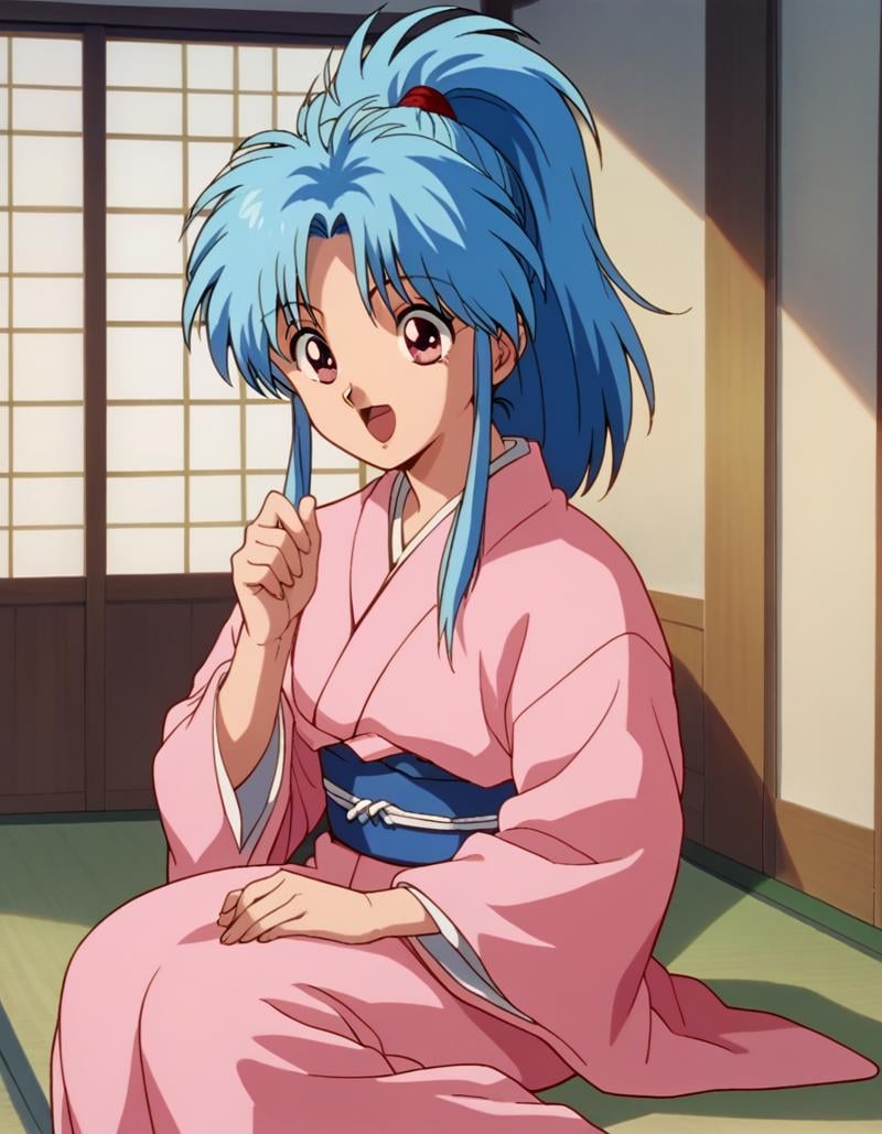 score_9, score_8_up, score_7_up, 1girl, solo, <lora:Botan PDXL:0.8>, botan, ponytail, blue hair, parted bangs, pink eyes, kimono, pink kimono, long sleeves, happy, sitting, indoors, 