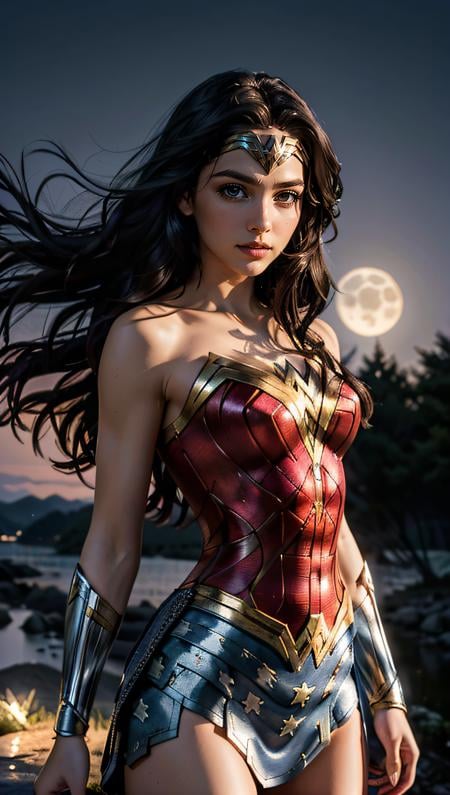 (best quality, masterpiece, colorful, dynamic angle, highest detailed)(Wonder Woman), upper body photo, fashion photography of cute black long hair girl (Wonder Woman), dressing high detailed Wonder Woman suit (high resolution textures), in dynamic pose, bokeh, (intricate details, hyperdetailed:1.15), detailed, moonlight passing through hair, perfect night, (fantasy background), (official art, extreme detailed, highest detailed), HDR+