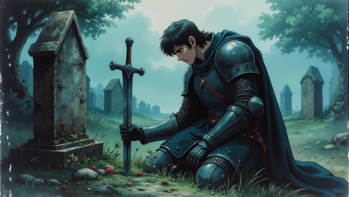 A solemn medieval knight, kneels beside the grave of a fallen comrade in a quiet, misty graveyard. The knight’s armor is worn, and his expression is one of deep sorrow as he places his sword on the grave as a sign of respect. The grave is marked with a simple stone cross, and the surrounding graves are weathered by time. The mist adds an ethereal quality to the scene, and the only sound is the soft rustling of leaves. The style is poignant and reflective, focusing on the knight’s grief and the somber reality of war  <lora:Vintage_Anime_Flux:1>