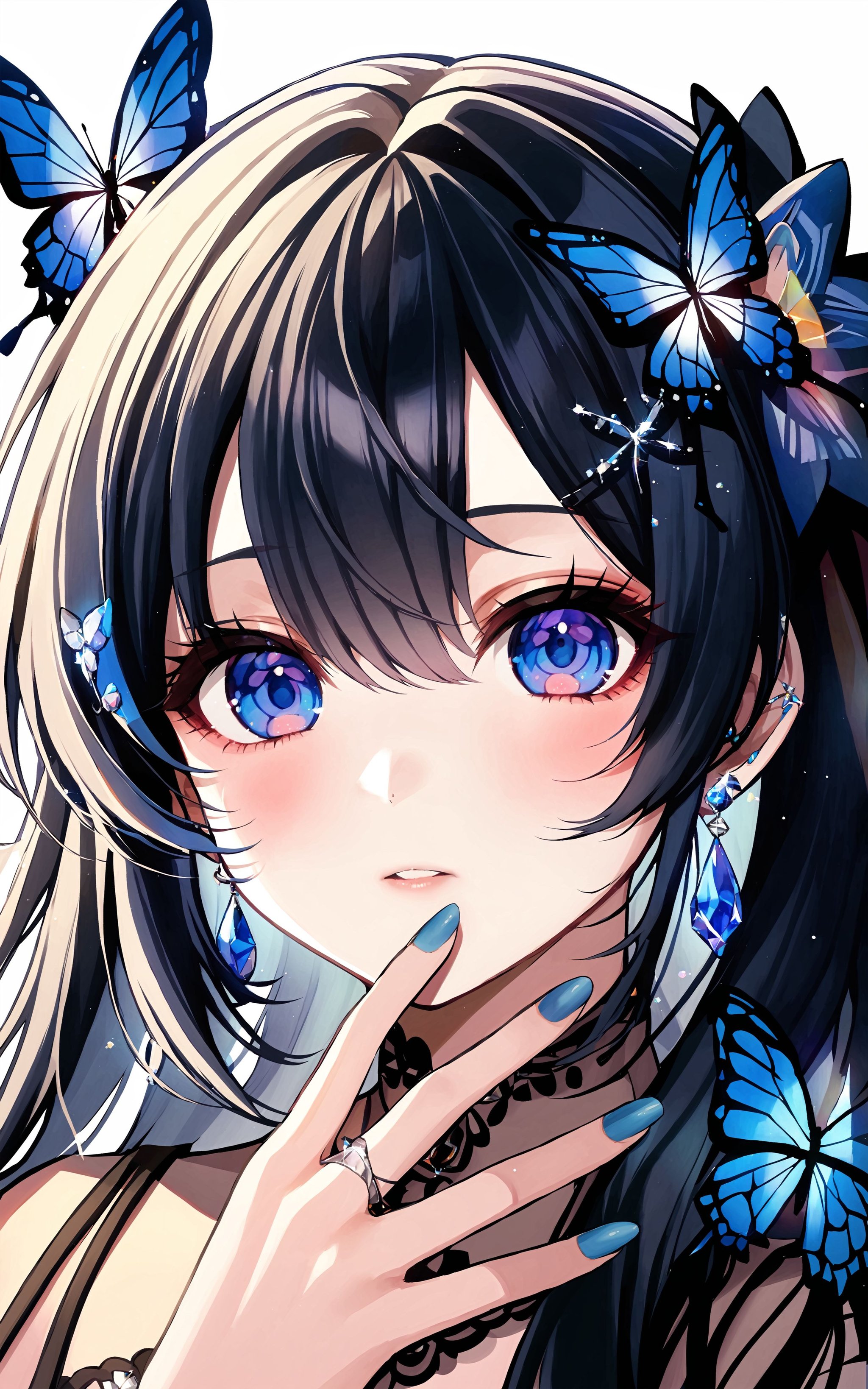 1girl, solo, jewelry, hair ornament, looking at viewer, blue eyes, flower, bangs, ring, braid, hair between eyes, butterfly hair ornament, parted lips, earrings, portrait, hair flower, blue nails, blush, nail polish, butterfly, hand up, long hair, bug, gem <lora:XLTEST 06:0.75>