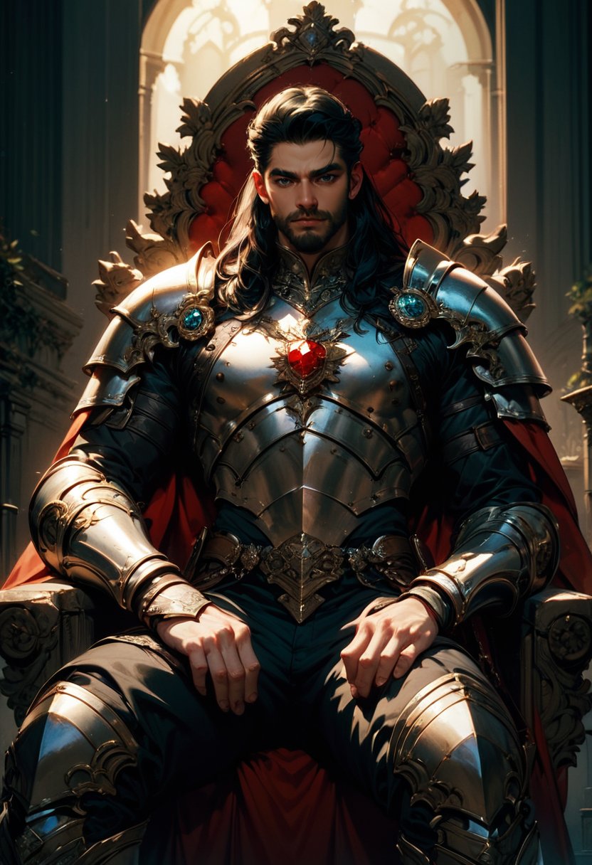 score_9,score_8_up,score_7_up, zPDXL, 1man, manly, armor, gem stones, solo, long hair, looking at viewer, black hair, jewelry, male focus, indoors, red cape, armor, facial hair, shoulder armor, sitting on throne, gauntlets, beard, pauldrons, black pants, hand on knee, pillar<lora:GN_v1.4:0.9>