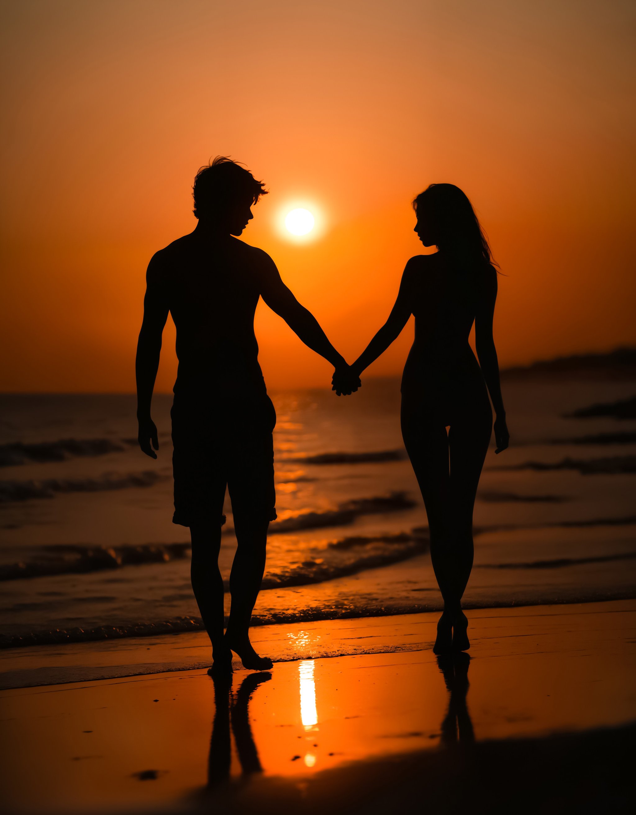 zavy-slhtt, silhouette of a couple holding hands on a beach with the setting sun behind them., 100mm f/2.8 macro lens,
