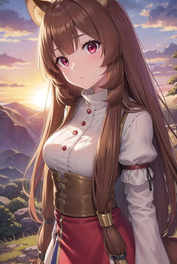 raphtalia, <lora:raphtalia-lora-nochekaiser:1>,raphtalia, animal ears, brown hair, long hair, raccoon ears, raccoon girl, raccoon tail, (red eyes:1.5), tail,BREAK arm garter, belt, brown belt, brown dress, dress, juliet sleeves, long sleeves, puffy sleeves, short dress,BREAK looking at viewer,BREAK outdoors, forest, nature, sun, sky, (cowboy shot:1.5),BREAK <lyco:GoodHands-beta2:1>, (masterpiece:1.2), best quality, high resolution, unity 8k wallpaper, (illustration:0.8), (beautiful detailed eyes:1.6), extremely detailed face, perfect lighting, extremely detailed CG, (perfect hands, perfect anatomy),