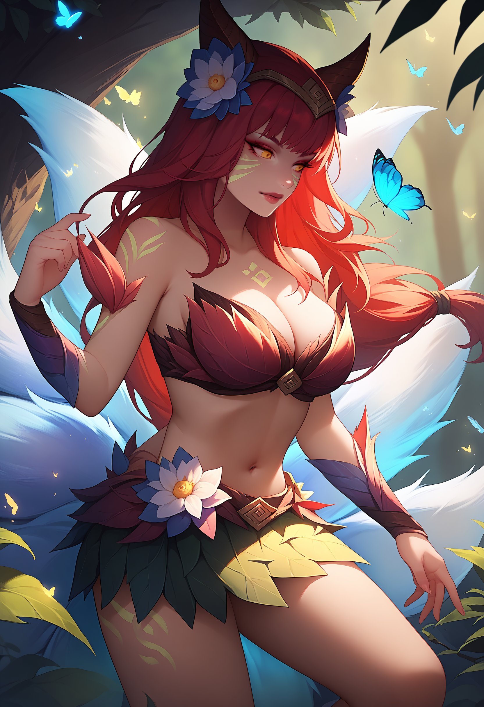 score_9, score_8_up, score_7_up, ahrieldrwod, horns, facial mark, fox tail, multiple tails, long hair, red hair, yellow eyes, large breasts, hair Flower, hair ornament, tattoo, leaf Bikini, bare shoulders, cleavage, navel, leaf skirt,  <lora:Ahri_Elderwood_pdxl_Incrs_v1:1>, butterfly, bug, tree, outdoors, glowing, fireflies, 