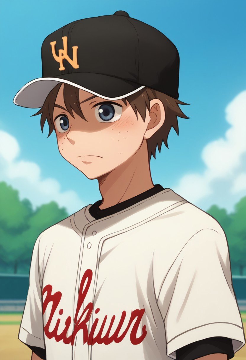 score_9, score_8_up, score_7_up, source_anime, highly detailed, kosuke, 1boy, male focus, hat, baseball cap, solo, brown hair, blue eyes, outdoors, baseball uniform, sportswear,blush, day, sky, freckle, upper body,