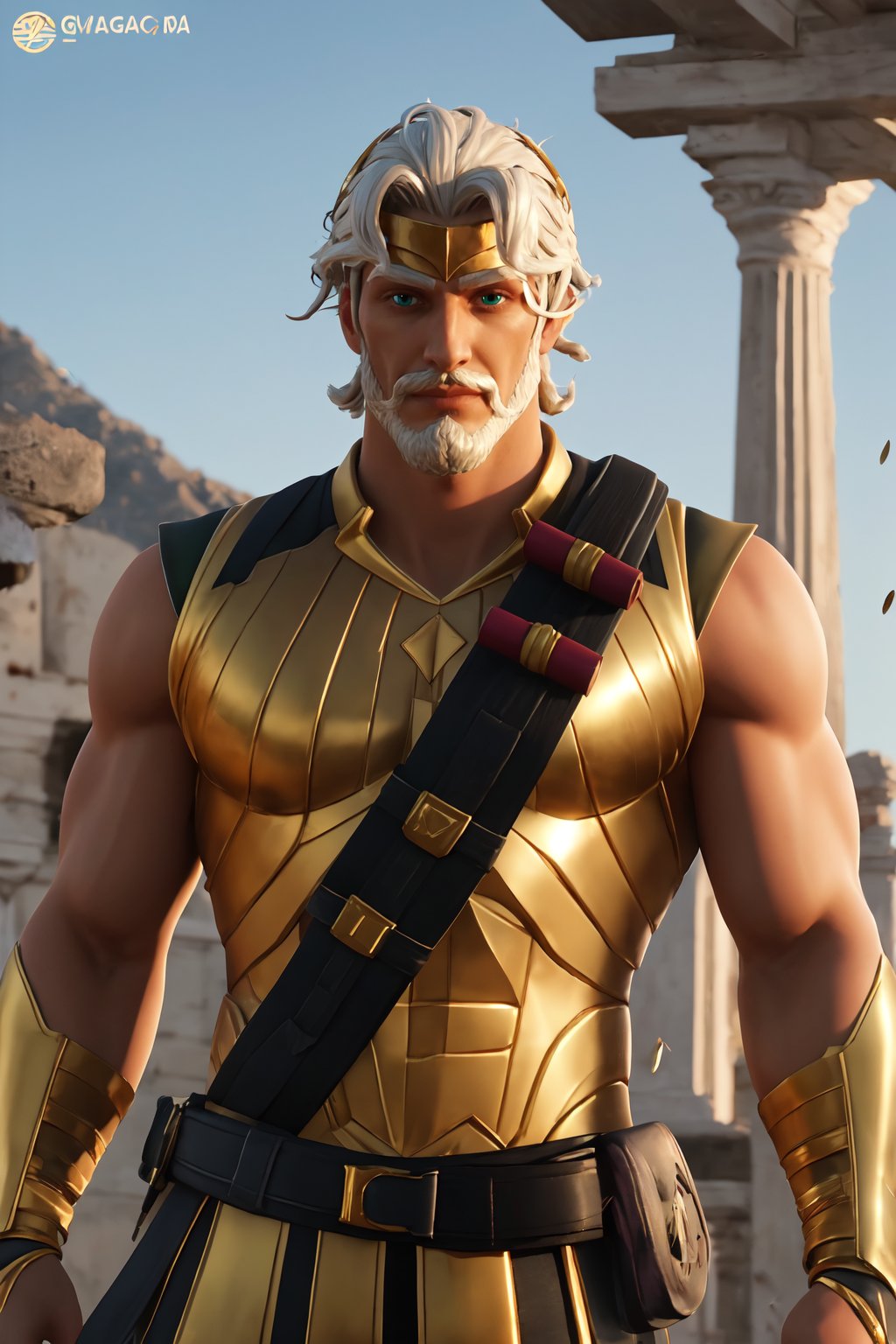 zeusfortniteV1, 1boy , mature male, looking at viewer,  white skin, white hair, green eyes, beard, mustache, male focus, facial hair, muscle,   <lora:zeusfortnite-09:0.5>, golden armor, shotgun shell bandolier,  grecia, sunlight,, masterpiece, 4k, high quality, highres, absurdres,