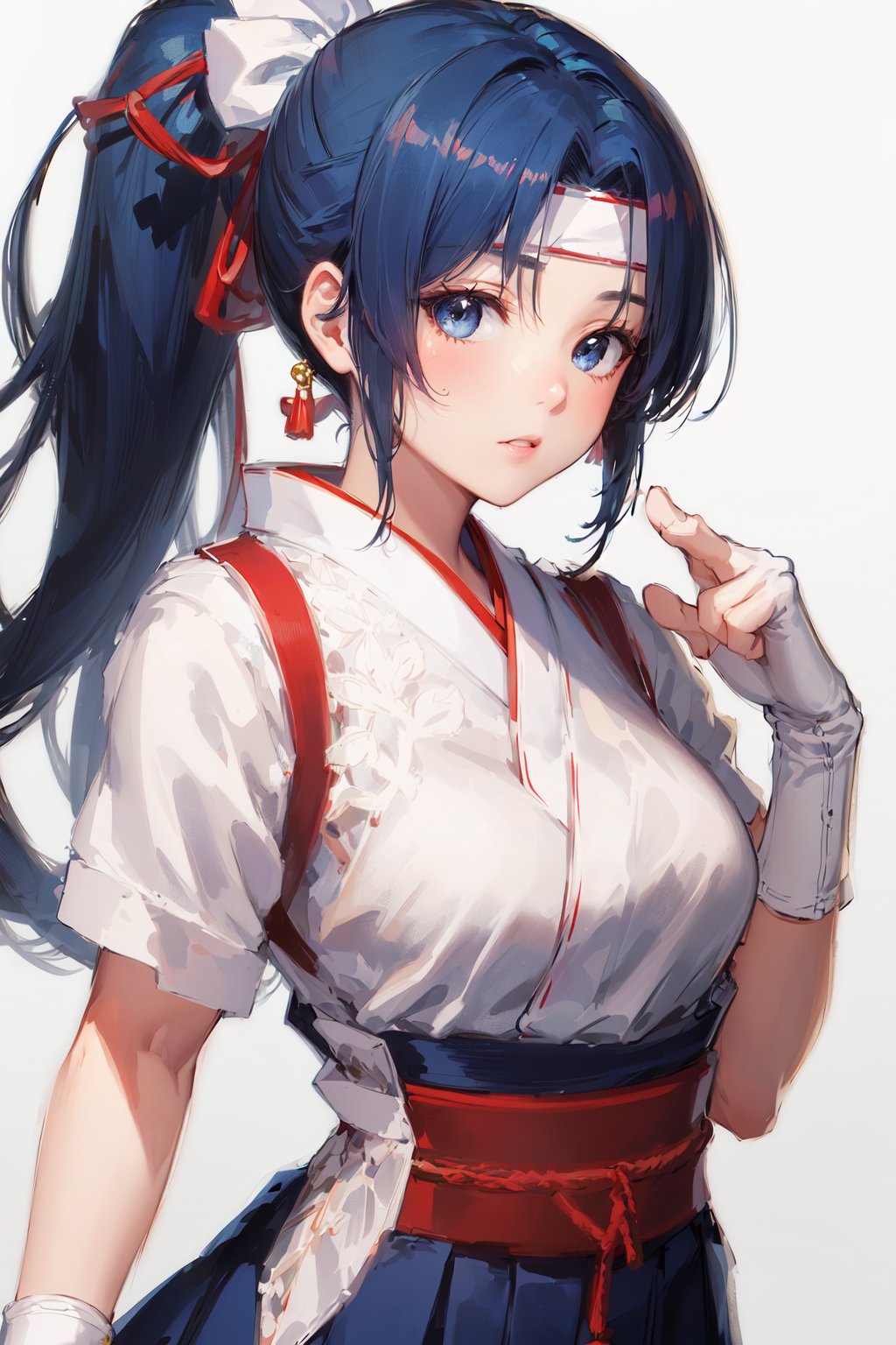 (masterpiece, top quality, best quality, official art, beautiful and aesthetic:1.2), (1girl:1.3), (fractal art:1.3),ponytail, hakama , (blue hakama skirt:1.3),japanese clothes,  headband,(white tabi:1.3),(white japanese socks:1.5),red belt, simple background, (Cinmatic:0.4) ,upper body,  <lora:TODO KASUMI:0.8>