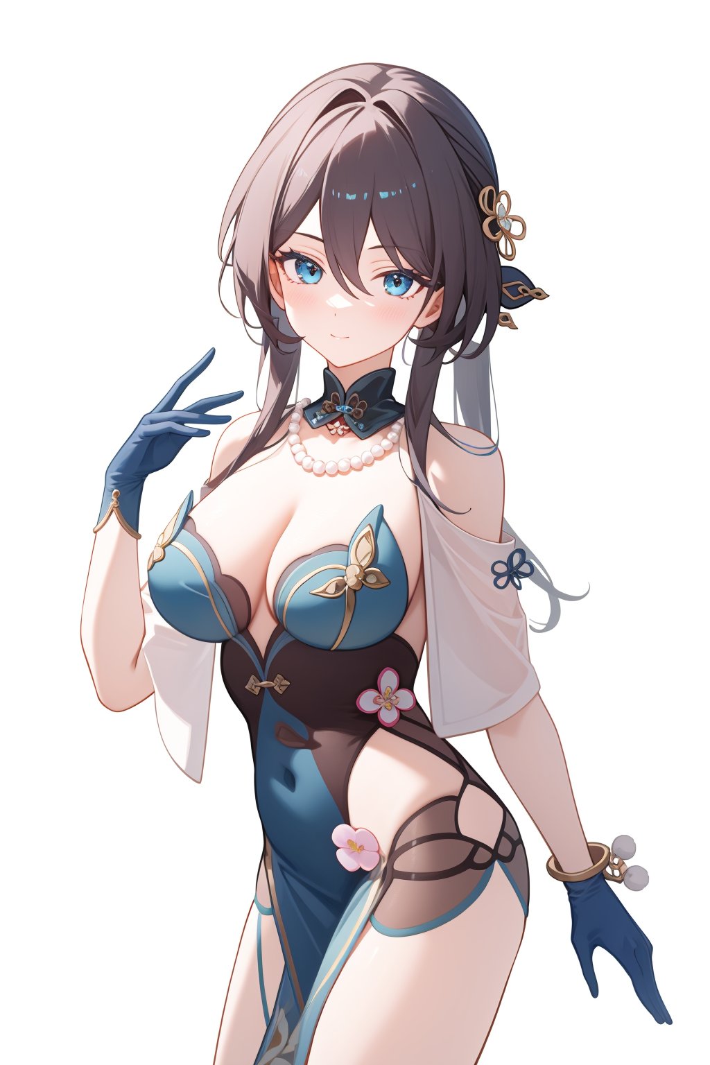 <lora:阮梅v3:1:lbw=char>,ruanmei,1girl,solo,blue dress,elbow gloves,chinese clothes,looking at viewer,cleavage,bare shoulders,flower,necklace,(masterpiece,best quality,high quality:1.2),absurdres,<lora:nai画风-000035:0.75:lbw=OUTALL>,