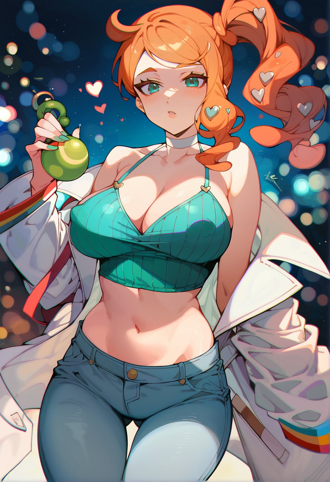 score_9,score_8_up,score_7_up,cowboy shot, masterpiece, dynamic lights, high quality, highres,  ach-ciloranko, ((chromatic aberration, colors saturation, vibrant colors)), 1girl, sonia (pokemon), breasts, heart hair ornament, solo, orange hair, cleavage, pants, navel, covered nipples, hair ornament, denim, side ponytail, heart, choker, green eyes, long hair, bare shoulders, midriff, large breasts, jeans, crop top, p shirt, aqua eyes, simple background, collarbone, white choker<lora:Ciloranko-04:0.8>