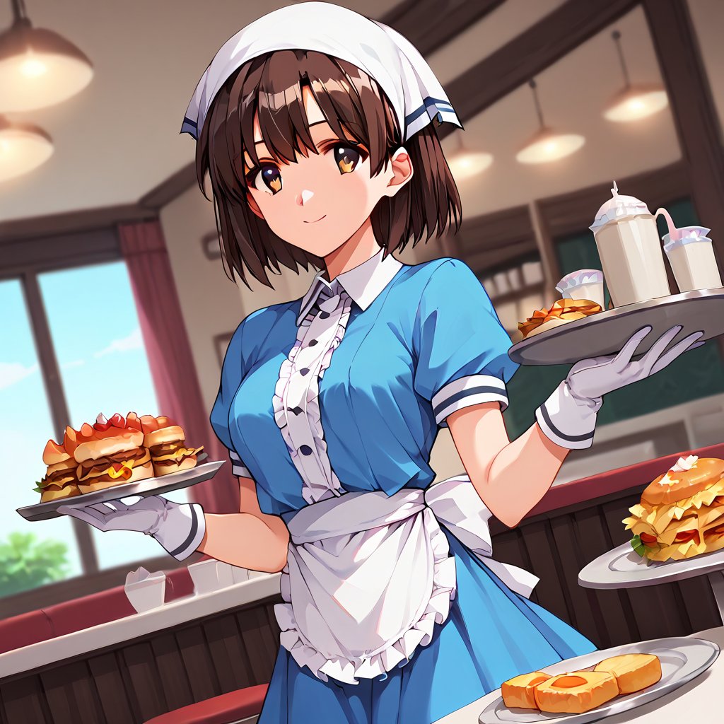 score_9, score_8_up, score_7_up, score_6_up, score_5_up, score_4_up, source_anime,satou nozomi,1girl, solo, smile, apron, blue shirt, blue skirt, frilled apron, frills, gloves, head scarf, shirt, short sleeves, skirt, uniform, waist apron, waitress, white apron, white gloves, food, tray, food tray, indoors, restaurant, looking at viewer, dutch angle,masterpiece, perfect face, best quality, beautiful girl, cute girl, beautiful eyes, shiny eyes, anime coloring, anime screencap, absurdres, award winning,<lora:satou nozomi nova:0.7>