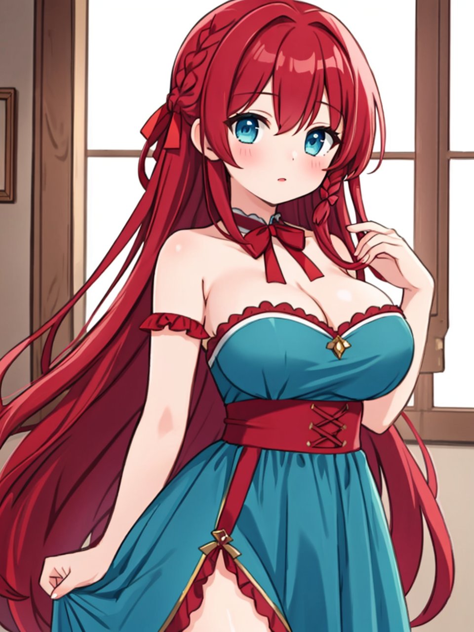 (masterpiece, best quality), 1girl, solo, very long hair, red hair, blue eyes, large breasts, ribbon, bare shoulders, braid, aqua eyes, brown dress, bare shoulders, jewelry, strapless