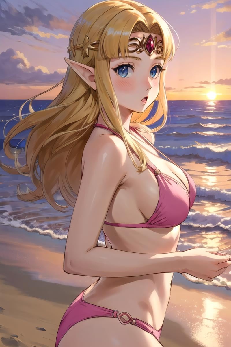 <lora:zelda-albw-10:0.8>, zelda-albw, 1girl, solo, beach background, looking at viewer, from side, blush, :o, pink bikini, tiara, cowboy shot, sunset