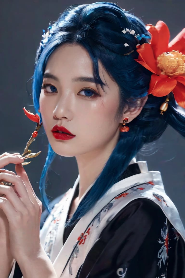 1girl,solo,hair ornament,flower,hair flower,holding a flower,perfect hands,makeup,blue hair,eyelashes,dacing,white background,black hair,eyeshadow,lips,profile,parted lips,chinese clothes,red lips,bare shoulders,upper body,lipstick,simple background,solid-best-physical-appearance-perfect::2,