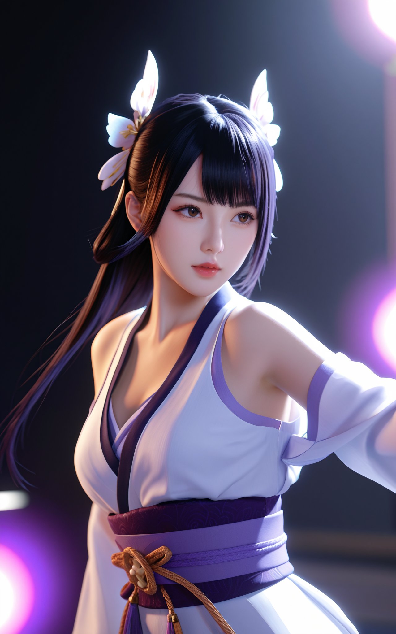 A sexy girl realistic,(Raiden Shogun in Genshin Impact),wearing an off-the-shoulder purple kimono,in her battle pose,epic,cinematic,half body shot,black background,3DCG,3D rendering,realistic,purple lighting,transparent hair,blender,cinematic lighting,soft light,white rim light,high detail,hyper quality,beautiful studio lighting,unreal engine,super detailed,perfect shading,unreal engine,super detailed,32K,8k,score_9,score_8_up,score_7_up,