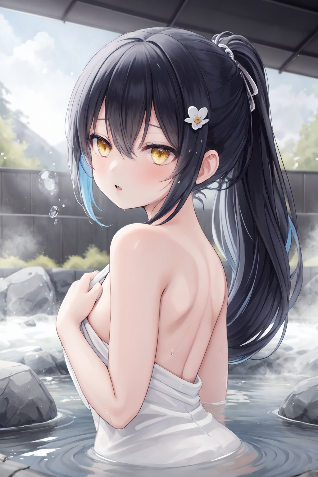 1girl, solo, yellow eyes, towel, looking at viewer, onsen, food, black hair, naked towel, fruit, ponytail, breasts, parted lips, blush, water, bangs, bare shoulders, wet, covering, blue hair, multicolored hair, outdoors, hair between eyes, looking back, wading, rock, hair ornament, sidelocks, yunmi style, sf5etf98, s6f8ey8vsdj, dr6g8cvwo, s5fr8gt, a35veo8vsdo, c6gw9oyh, c6s9eo5j