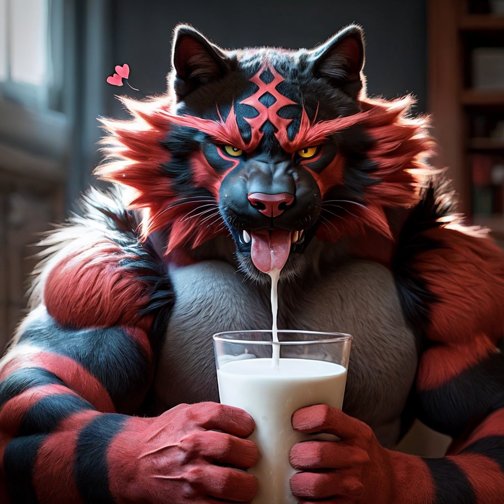 incineroar, licking a cup of milk, smiling, <3, realistic, cute