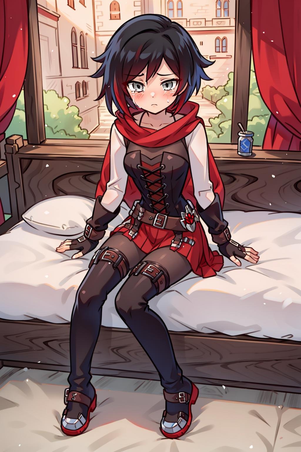 masterpiece,best quality,extremely detailed,(Ruby Rose from RWBY), <lora:RubyAtlas-05:1> atlasrose, 1girl, solo, black hair, skirt, fingerless gloves, grey eyes, red cape, pantyhose, belt, red skirt, corset, thigh boots, full body, sad, crying, sitting on bed