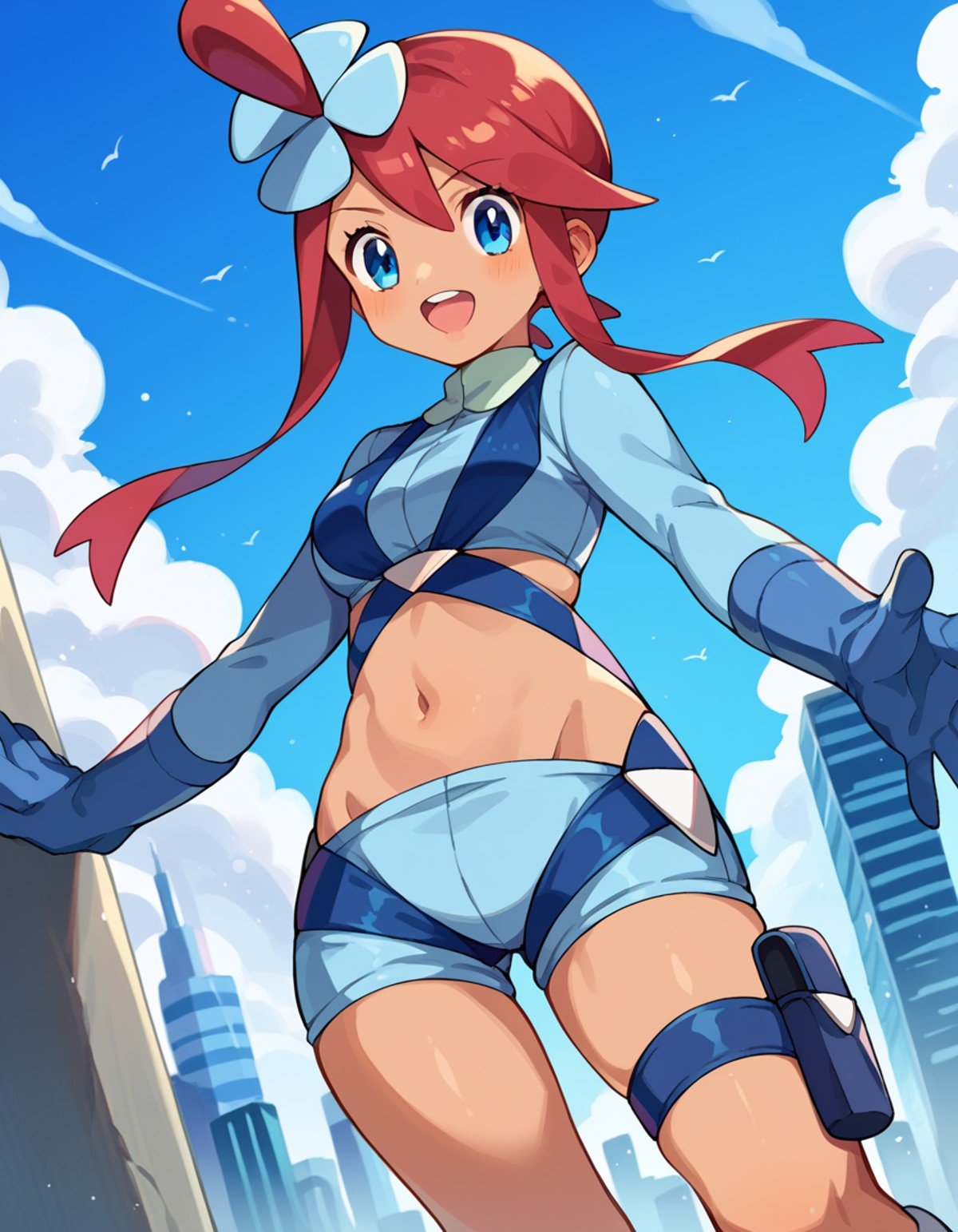 score_9, score_8_up, score_7_up, source_anime,pokemonskyla, <lora:pokemon-skyla-ponyxl-lora-nochekaiser:1>pokemonskyla, blue eyes, hair ornament, one side up, red hair, short hair with long locks, sidelocks,blue footwear, blue gloves, blue jacket, blue shorts, boots, crop top, cropped jacket, gloves, jacket, midriff, navel, short shorts, shorts, thigh pouch,outdoors, cityscape,looking at viewer, cowboy shot, dutch angle,