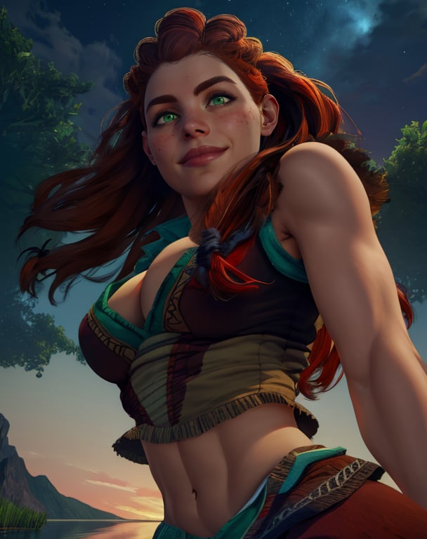 aloy,green eyes,red hair,long hair,smile,tribal,dress,cleavage,midriff,navel,sleeveless,night,lake,from below,(insanely detailed, masterpiece, beautiful face,  best quality),solo,<lora:aloy-10HFWv8:0.9>,