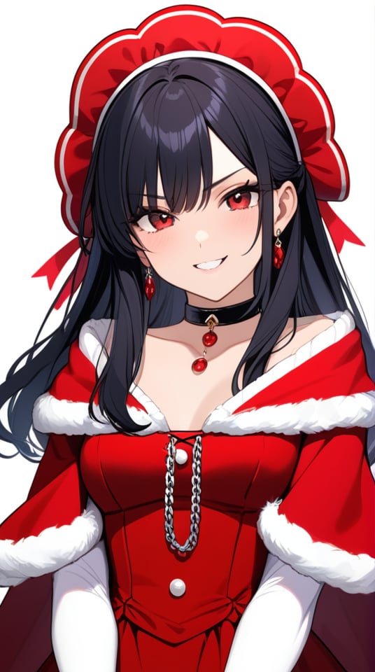 (best quality), ((masterpiece)), (highres), illustration, original, extremely detailed,1girl, gloves, elbow gloves, solo, red eyes, black hair, white gloves, bonnet, white background, dress, long hair, fur trim, v-shaped eyebrows, smile, fang, simple background, hair between eyes, blush, closed mouth, looking at viewer, fur-trimmed gloves, bangs, choker, red dress, black choker, hand up, chain, breasts, fang out, small breasts, collarbone, cloak