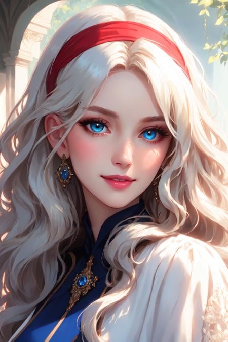 beautiful detailed portrait, a beautiful mature kind woman, long wavy lush white hair, red hairband, beautiful expressive blue eyes, delicate oval face, sharp chin, delicate nose, lush lips, kind gentle smile, beautiful wide lush dress, flowing seethrough sleeves, best quality, extemely detailed