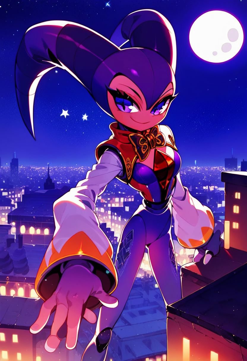 score_9, score_8_up, score_7_up, score_6_up, Nights, Jester, purple eyes, purple bodysuit, white sleeves, oval ruby on chest, 1girl, city background, rooftop, night time, moon, stars, standing on rooftop,  (high res), (beautiful quality), official art, censored, 