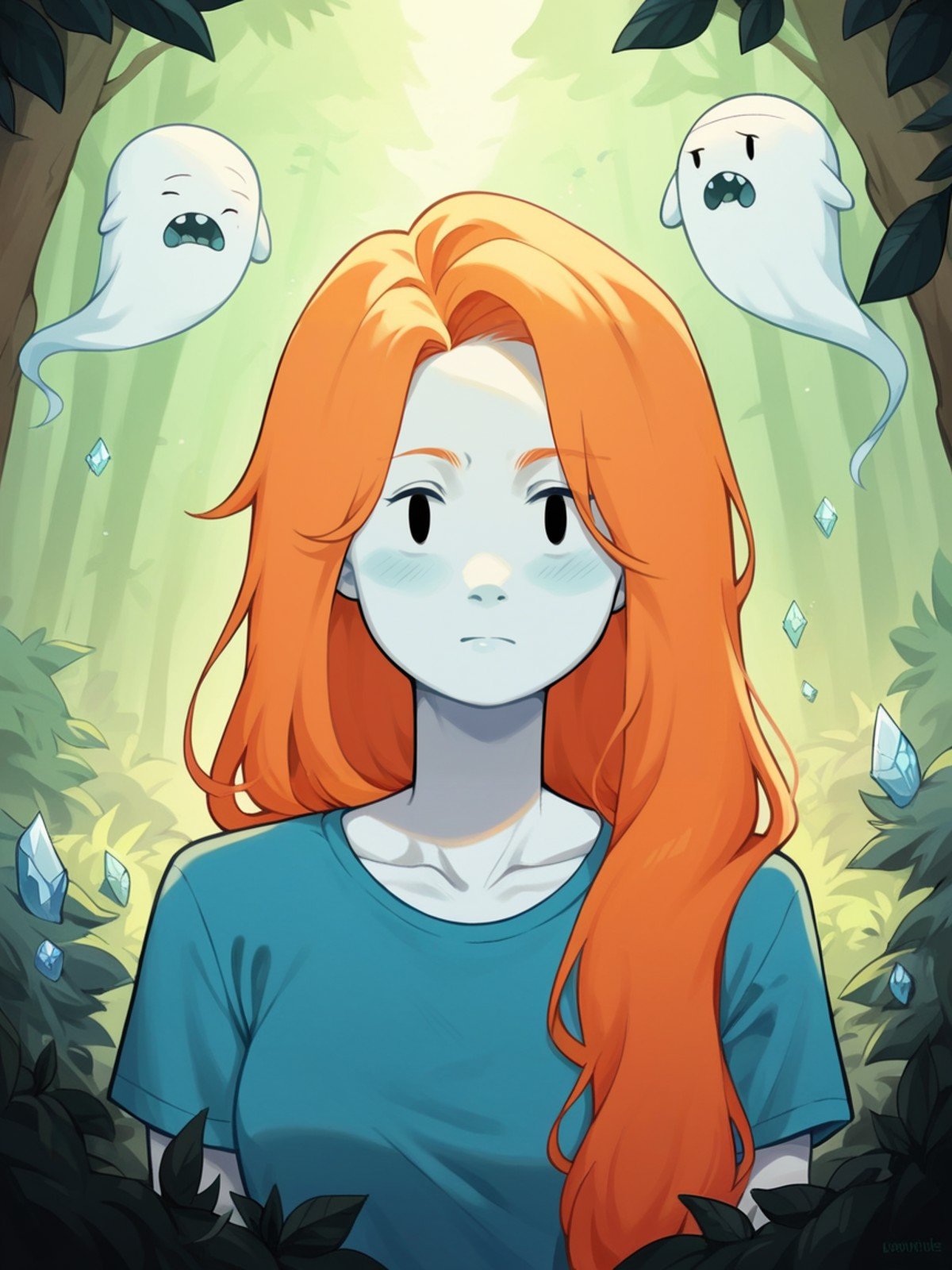 score_9, score_8_up, score_7_up, score_6_up, score_5_up, score_4_up, 4dv3ntur3t1m3,  adventure time, <lora:4dv3ntur3t1m3XLP:1> 1girl, orange hair, portrait, long hair, crystals, forest, ghosts, pale skin