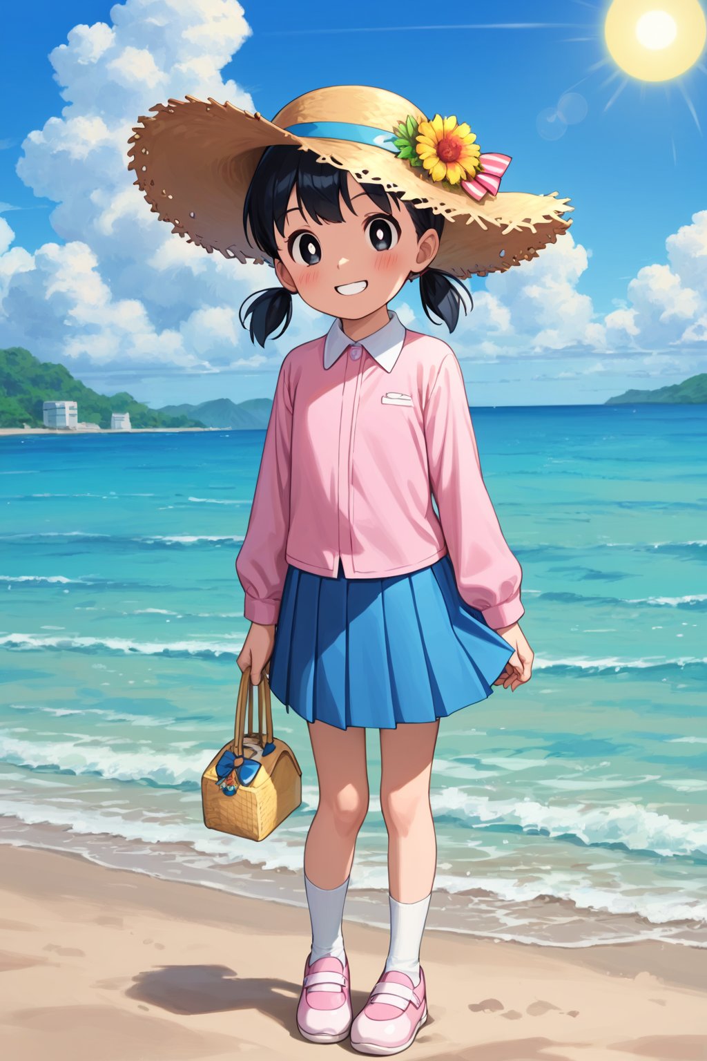 score_9, score_8_up, score_7_up, score_6_up, score_5_up, score_4_up, source_anime,minamoto sizuka,1girl, outdoors, hat, solo, skirt, twintails, black hair, socks, sky, shirt, blue skirt, beach, smile, day, cloud, shoes, black eyes, pink footwear, ocean, white socks, looking at viewer, long sleeves, pink shirt, blue sky, standing, full body, pleated skirt, bright pupils, short twintails, water, child, white pupils, collared shirt, blush, grin, straw hat, sun hat, hand up, low twintails,masterpiece, perfect face, best quality, beautiful girl, cute girl, beautiful eyes, shiny eyes, anime coloring, anime screencap, absurdres, award winning,<lora:cr81e6de878c73fsdrs0:0.8>