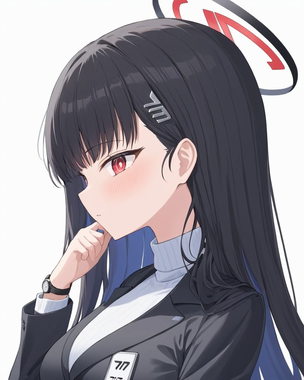 rio \(blue archive\),1girl, headpat, blush, halo, wristwatch, white_background, hairclip, simple_background, @_@, 1boy, jacket, parted_lips, formal, suit, turtleneck_sweater, solo_focus<lora:rio_(blue_archive)_image2123_2023-12-03:1>halo. gorgeous,key visual, vibrant, studio anime,award-winning, professional, highly detailed,high budget, cinemascope