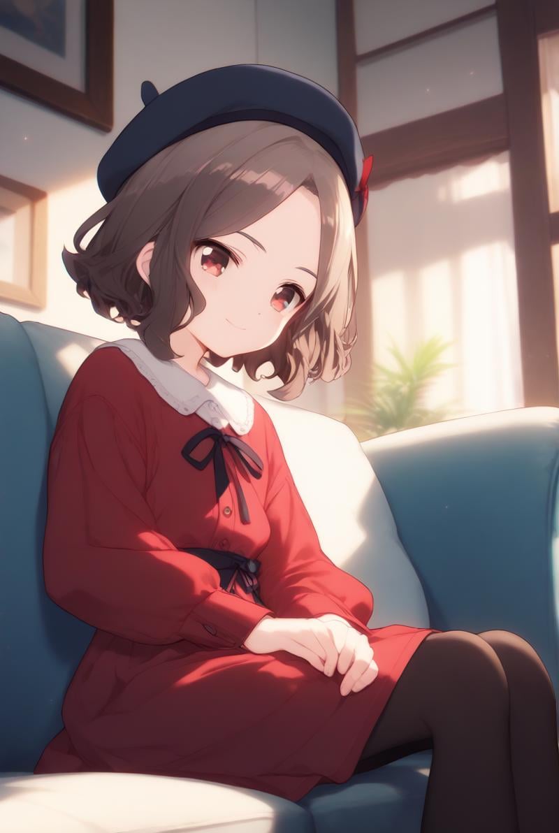 (score_9,score_8_up,score_7_up, ),GBC_TOMO,1girl,black pantyhose,sitting,short hair,red dress,brown hair,beret,couch,neck ribbon,indoors,long sleeves,red eyes,smile,closed mouth,wavy hair,collared shirt,<lora:GBC_TOMO_v2_pony-000030:1>,