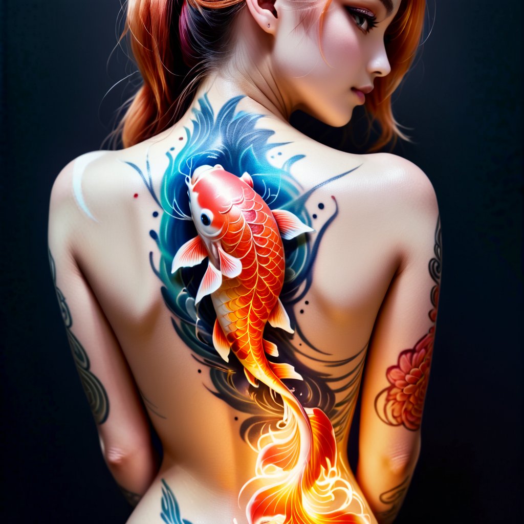 MHXL-Pos, 1 girl solo full body glowing light tattoo of a koi fish on her back,MHXL-Pos, 1 girl solo full body glowing light tattoo of a koi fish on her back