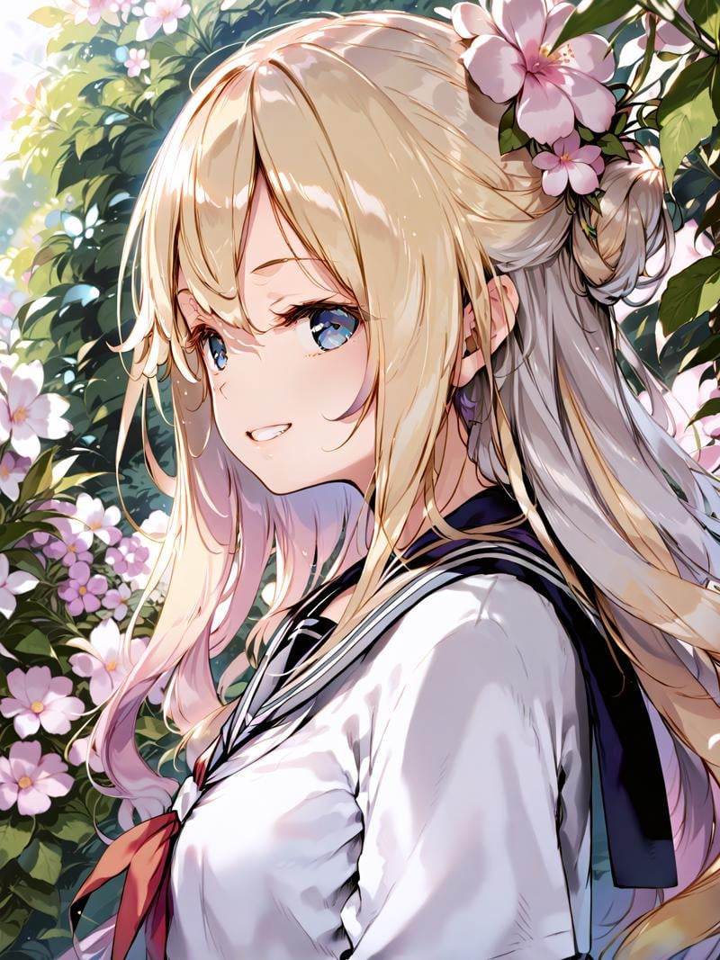 score_anime, score_9, score_8_up, score_7_up, masterpiece, best quality, <lora:Fixhands_V1:1> <lora:ketaP:1> ketaP, 1girl, solo, (upper body:1.5), flower, blonde hair, blue eyes, blush, closed mouth, from side, hair flower, hair intakes, grin, grey skirt, hair between eyes, gradient hair, grey hair, hair bun, heart, long hair, long sleeves, multicolored hair, pink flower, pleated skirt, purple hair, sailor collar, school uniform, serafuku, skirt, smile, standing, swept bangs, very long hair, white flower