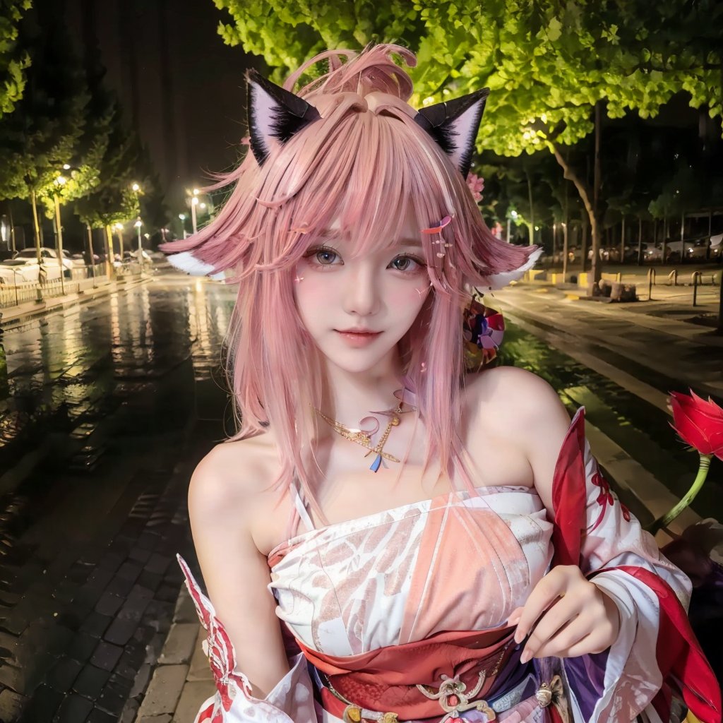 best quality,masterpiece,(best quality),(masterpiece),shine eyes,(looking at viewer:1.2),shenzi,yae miko,solo,pink hair,purple eyes,detached sleeves,long hair,looking at viewer,japanese clothes,animal ears,fox ears,cherry blossoms,hair between eyes,bare shoulders,jewelry,lips,nontraditional miko,bangs,blurry,realistic,hair ornament,earrings,petals,1girl,<lora:小塔姆:0.8>,