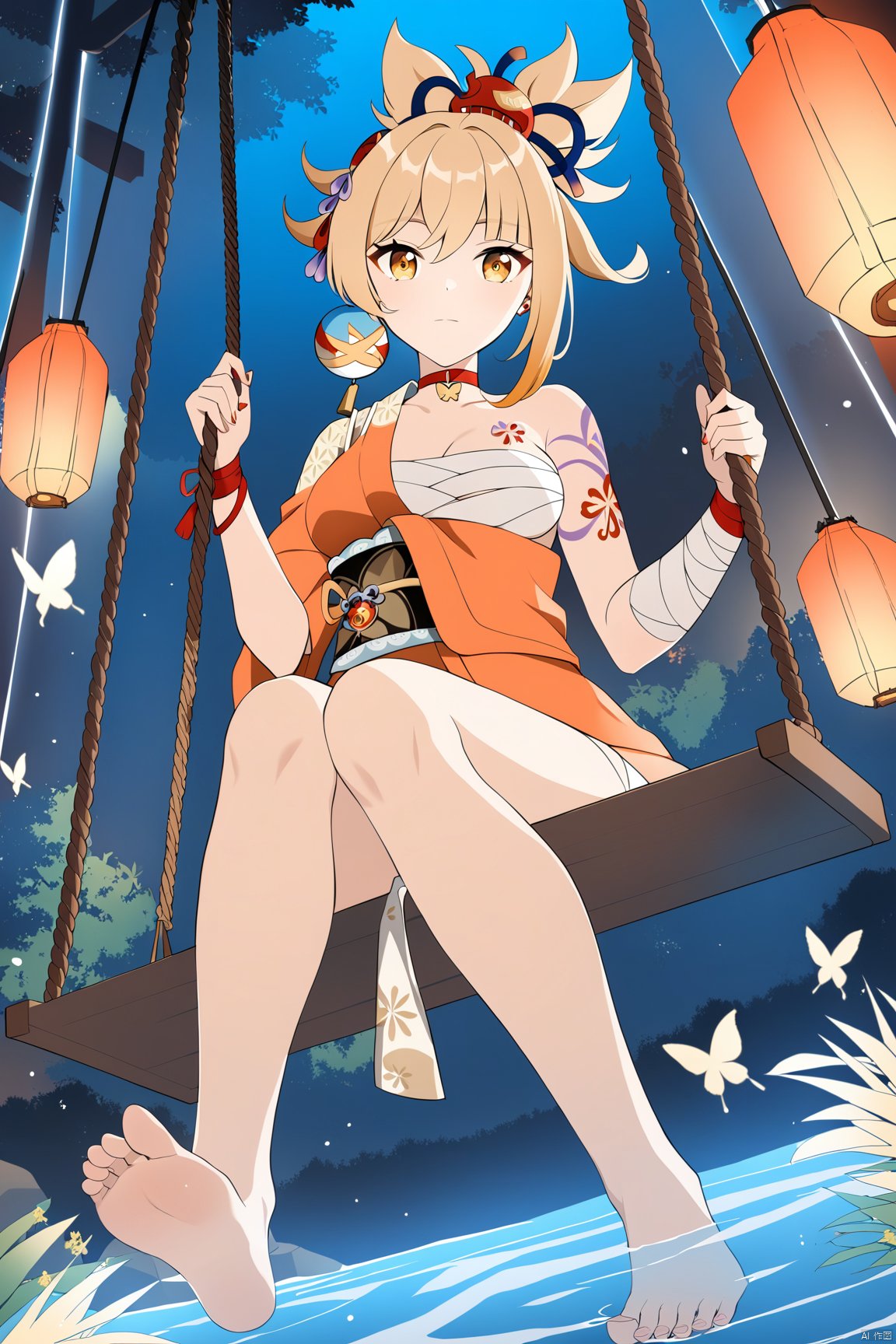 1girl, yoimiya (genshin impact), barefoot, japanese clothes, feet, blonde hair, kimono, toes, bare legs, sitting, sarashi, soles, solo, bug, night, butterfly, bandages, legs, orange kimono, sash, ponytail, swing, outdoors, hair ornament, choker, tattoo, yellow eyes, rope, obi, tree, hadanugi dousa, nature, bangs, water, breasts, red choker, lantern, full body, closed mouth, forest, bandaged arm, from below, chest sarashi, looking at viewer, jewelry, single bare shoulder