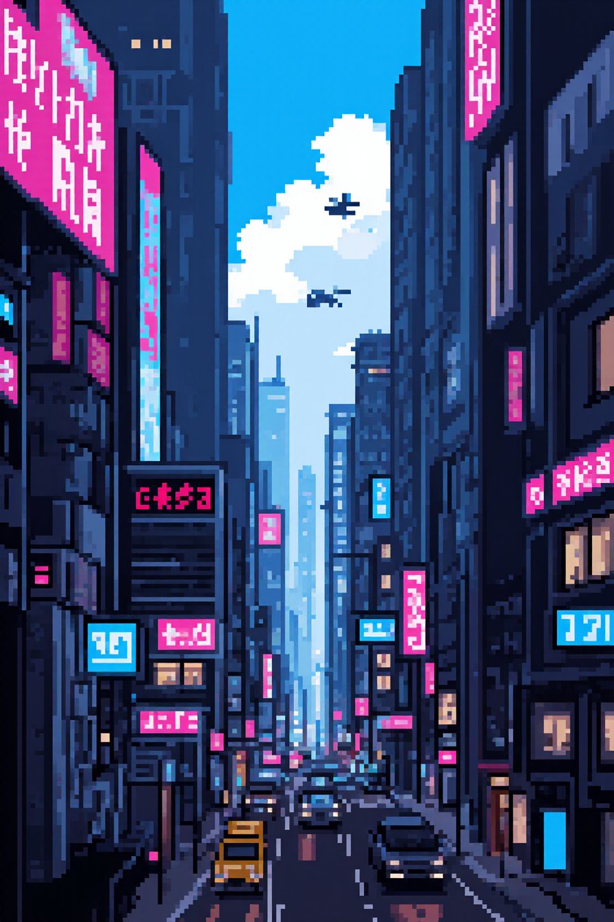 <lora:Aziib_Pixel_Style:1> style of aziib_pixel,  cyberpunk city landscape with flying cars.