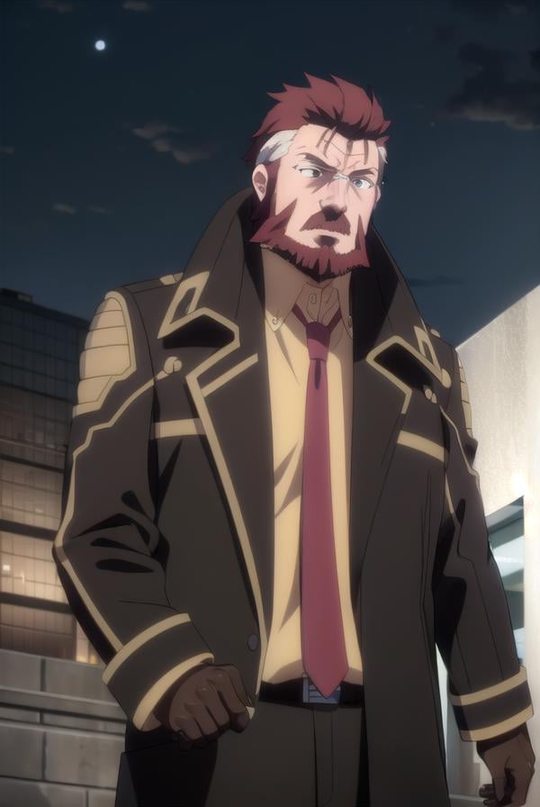 blitztalker, <lora:blitz talker s1-lora-nochekaiser:1>,blitz talker, brown hair, male focus, red hair, multicolored hair, facial hair, scar, (black eyes:1.5), beard,BREAK shirt, gloves, necktie, black gloves, coat, yellow shirt,BREAK outdoor, city, night, sky, buildings, moon, clouds,BREAK looking at viewer, (cowboy shot:1.5),BREAK <lyco:GoodHands-beta2:1>, (masterpiece:1.2), best quality, high resolution, unity 8k wallpaper, (illustration:0.8), (beautiful detailed eyes:1.6), extremely detailed face, perfect lighting, extremely detailed CG, (perfect hands, perfect anatomy),