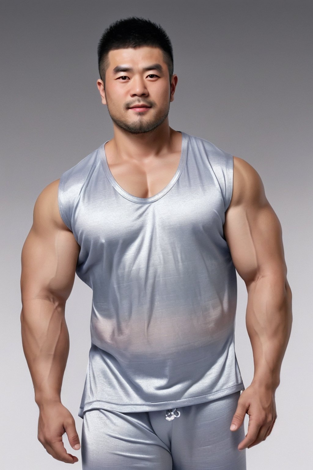 zhuangxiong,male focus,bara,Pajamas,open the clothes,expose pectoral muscle,gray gradient background,