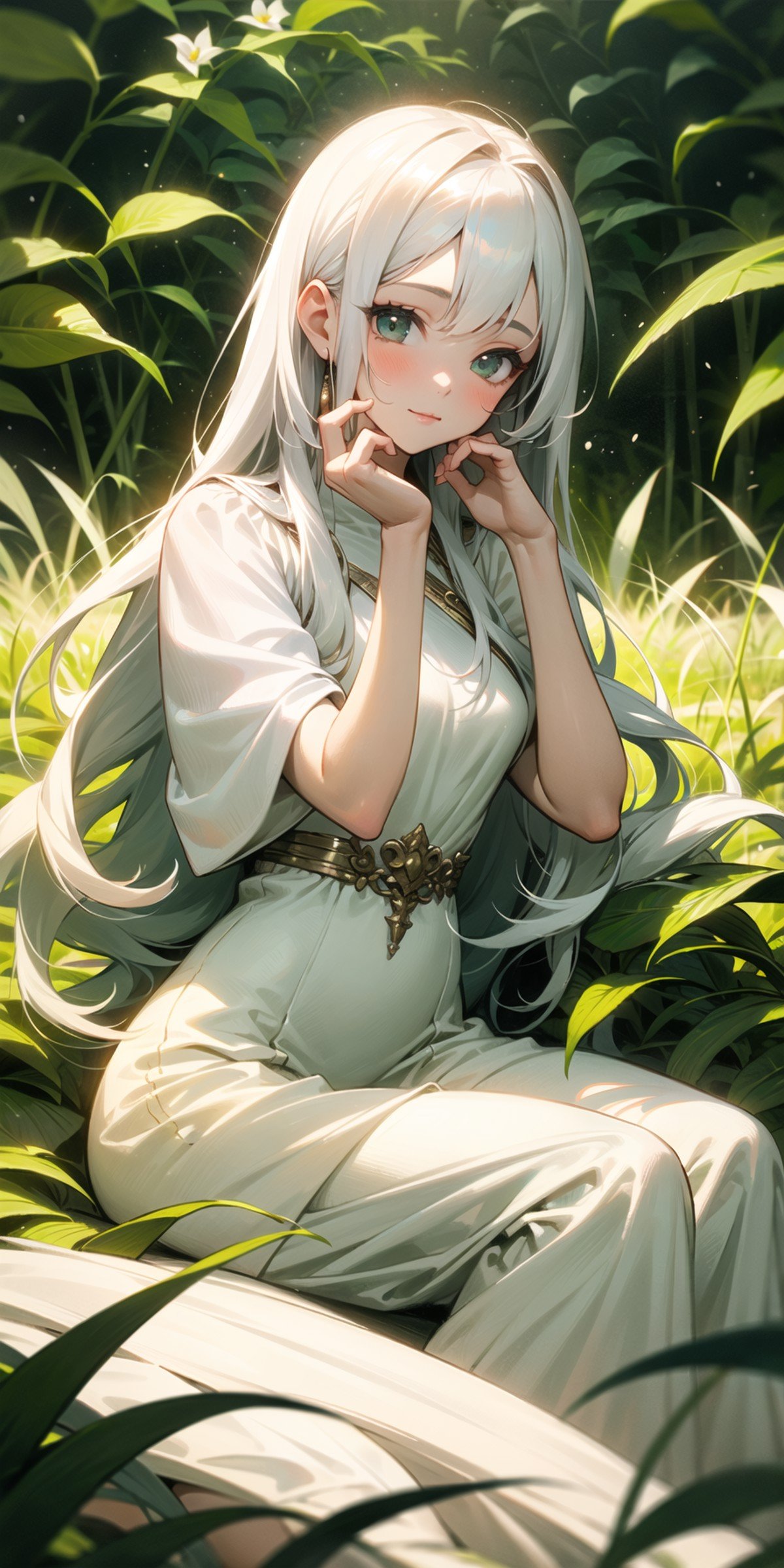 (masterpiece, best quality),1girl with long white hair sitting in a field of green plants and flowers, her hand under her chin, warm lighting, white dress, blurry foreground