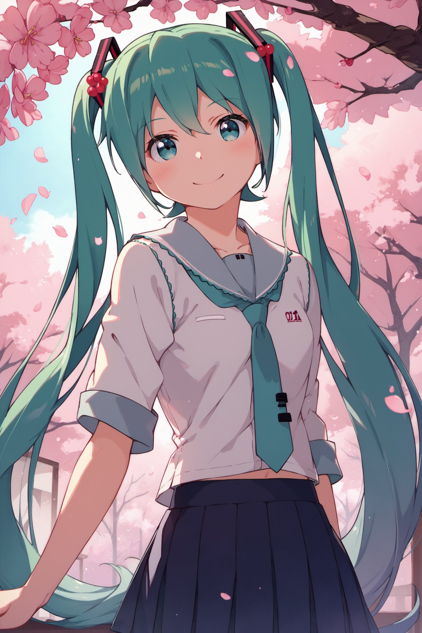 1girl,solo,hatsune miku,school uniform,green hair,cherry blossoms,hair ornament,hanami,sakura,smile,looking at viewer,score_9,score_8_up,<lora:Kanzaki Hiro_XL_PONY:0.9>,