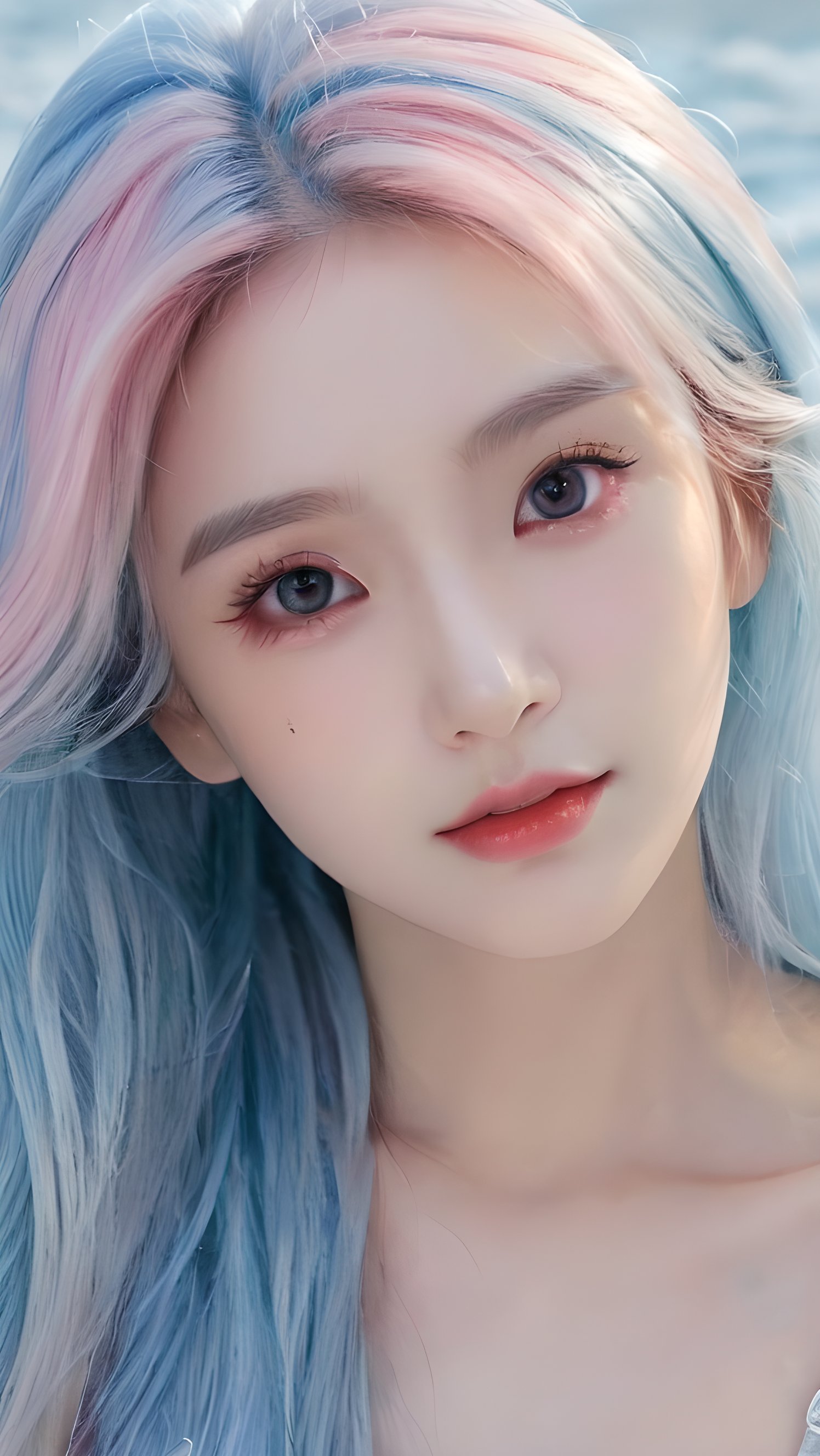 yanshangyue, 1girl, solo, xiaowu, BIG EYES, xxmix girl woman, <(masterpiece, realistic:1.3), (extremely intricate:1.2)>, portrait of a girl, sliver gradient hair, (sliver hair:1.1), (light blue hair:1.1), (pink hair:1.2), ((solid color background:1.3)), beautiful detailed glow, (detailed ice), beautiful detailed water,  <lora:molixl3:0.6>